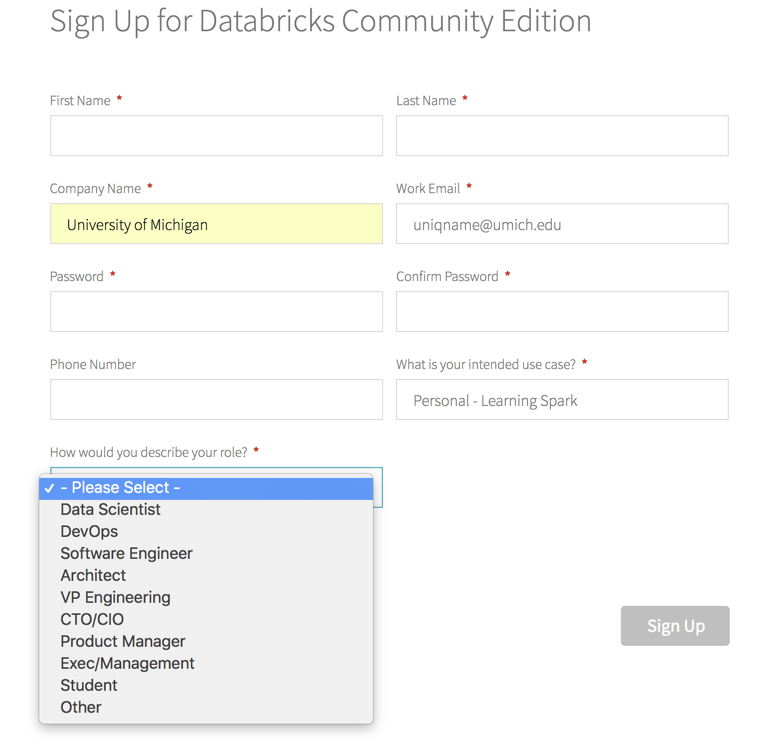 Databricks sign-up page